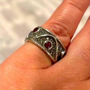 Judith Jack Sterling Silver 925 Genuine Garnet Marcasite Ornate Ring, Size 6 1/4